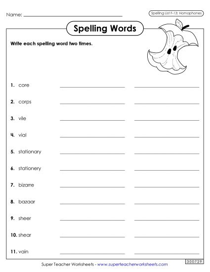 Worksheets and Puzzles - Write Words Twice (F-13) (Printable PDF Worksheet)