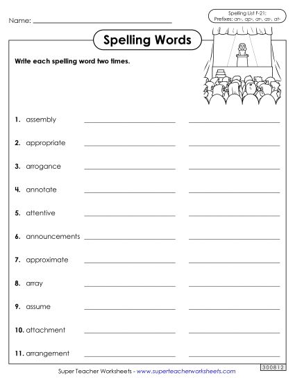 Worksheets and Puzzles - Write Words Twice (F-21) (Printable PDF Worksheet)