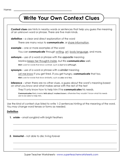 Write Your Own - Write Your Own Context Clues (Printable PDF Worksheet)
