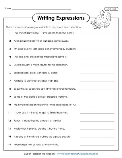 Level: Basic (1-Step; No Parenthesis) - Writing 1-Step Expressions (Printable PDF Worksheet)