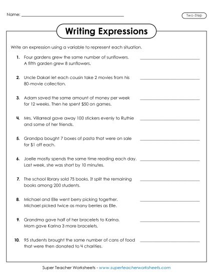 Level: Advanced (2-Step w/ Parenthesis) - Writing 2-Step Expressions with Variables (Printable PDF Worksheet)