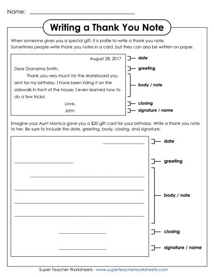 Friendly Letter Writing - Writing a Thank You Note #2 (Printable PDF Worksheet)
