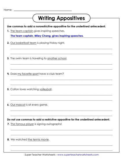 Worksheets - Writing Appositives (Extra Practice) (Printable PDF Worksheet)