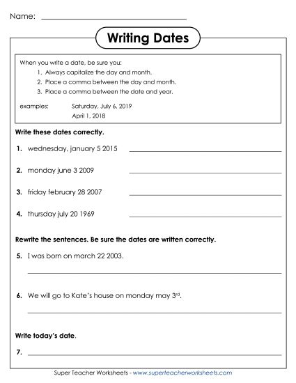 Names, Dates, Addresses - Writing Dates (Printable PDF Worksheet)