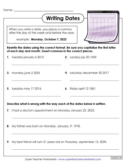 Commas in Dates - Writing Dates Using Commas (Printable PDF Worksheet)