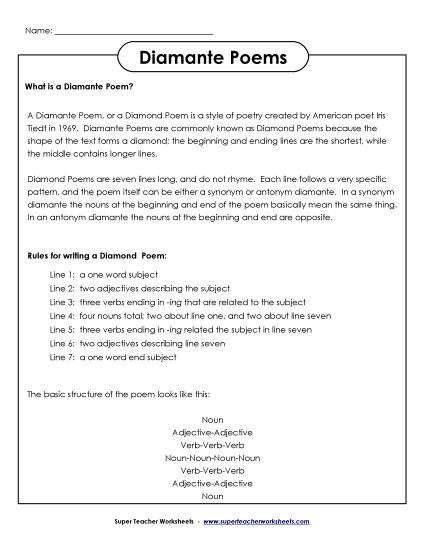 Diamante Poems - Writing Diamante Poems (Printable PDF Worksheet)