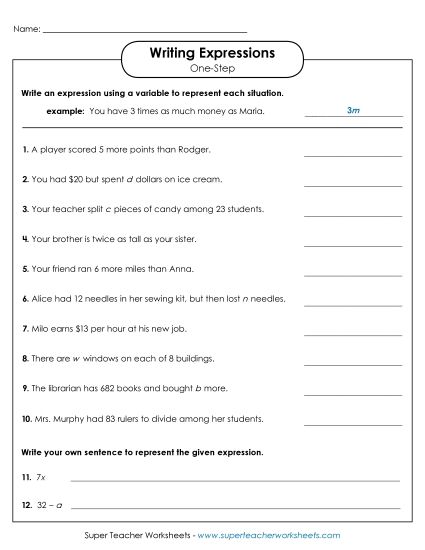 Level: Basic (1-Step; No Parenthesis) - Writing Expressions (One Step) (Printable PDF Worksheet)
