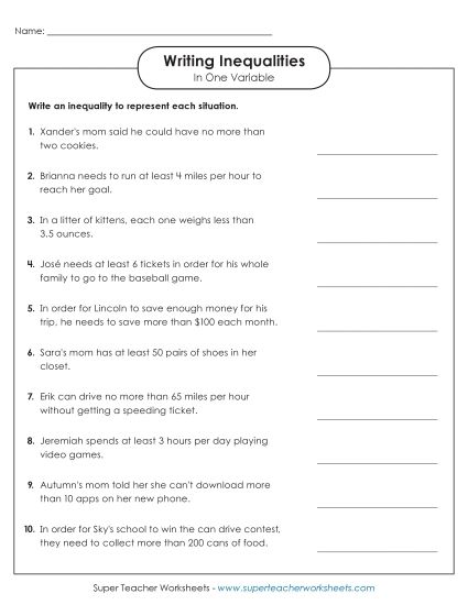 Basic Level: Positive Whole Numbers Only - Writing Inequalities (Printable PDF Worksheet)