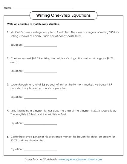 Addition, Subtraction, Multiplication & Division - Writing One Step Equations (Advanced) (Printable PDF Worksheet)