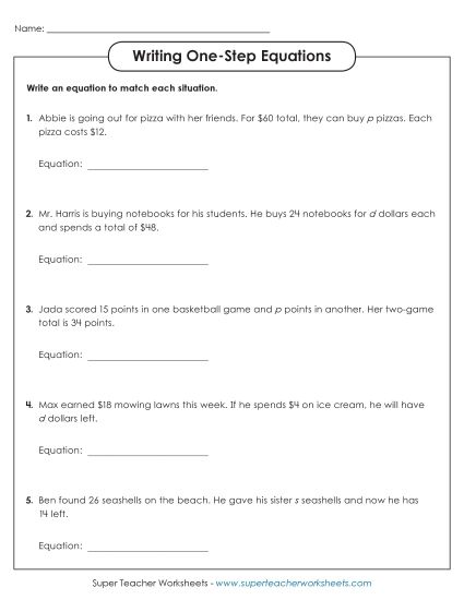 Addition, Subtraction, Multiplication & Division - Writing One Step Equations (Basic) (Printable PDF Worksheet)