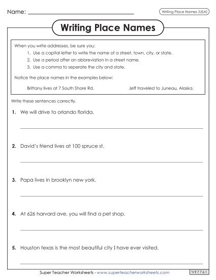 Intermediate Level - Writing Place Names (USA) (Printable PDF Worksheet)