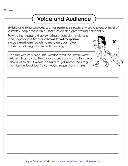 Developing Voice - Writing to an Audience: Travel Magazine (Printable PDF Worksheet)
