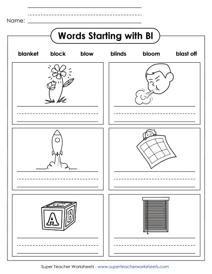 Worksheets - Writing Words that Start with BL (Printable PDF Worksheet)