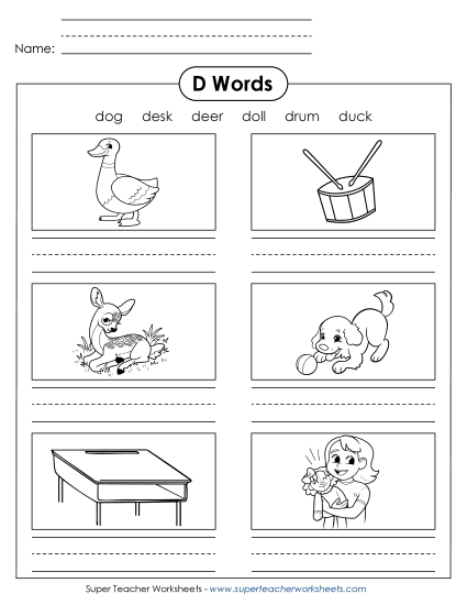 Worksheets - Writing Words that Start with D (Printable PDF Worksheet)