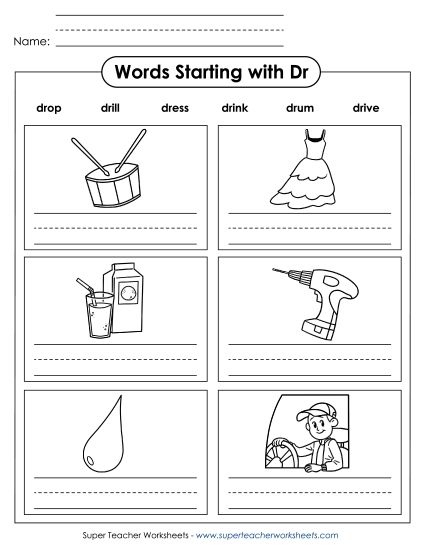 Worksheets - Writing Words that Start With DR (Printable PDF Worksheet)