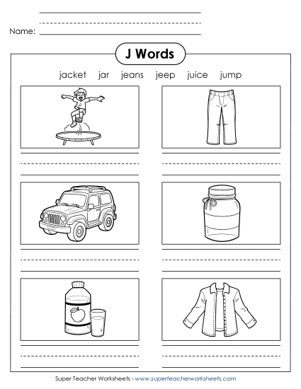Worksheets - Writing Words that Start with J j (Printable PDF Worksheet)