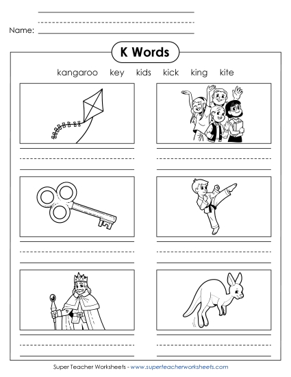 Worksheets - Writing Words that Start with K (Printable PDF Worksheet)