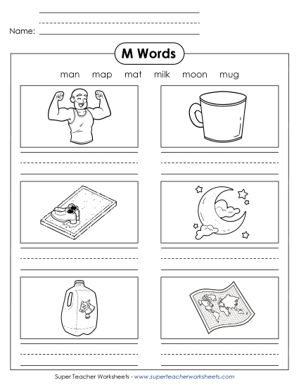 Worksheets - Writing Words that Start with M m (Printable PDF Worksheet)