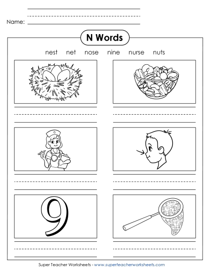 Worksheets - Writing Words that Start with N n (Printable PDF Worksheet)