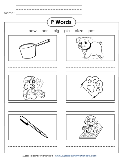 Worksheets - Writing Words that Start with P p (Printable PDF Worksheet)