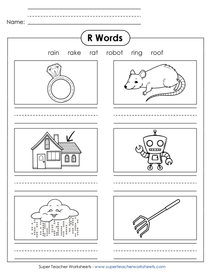Worksheets - Writing Words that Start with R r (Printable PDF Worksheet)