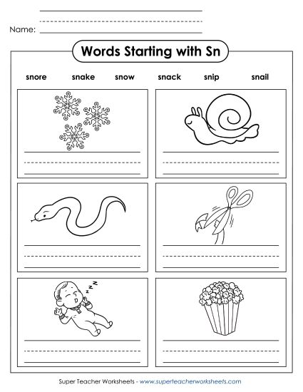 Worksheets - Writing Words that Start with SN (Printable PDF Worksheet)