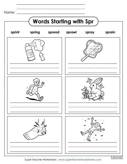Worksheets - Writing Words That Start with Spr- (Printable PDF Worksheet)