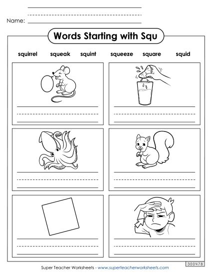 Worksheets - Writing Words That Start with Squ- (Printable PDF Worksheet)