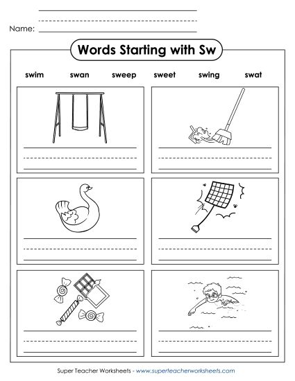 Worksheets - Writing Words that Start with SW (Printable PDF Worksheet)