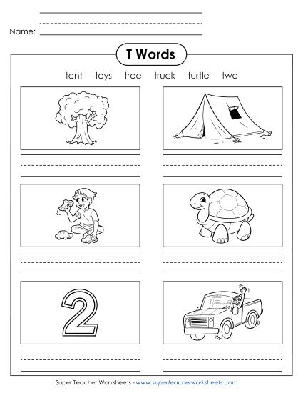 Worksheets - Writing Words that Start with T t (Printable PDF Worksheet)