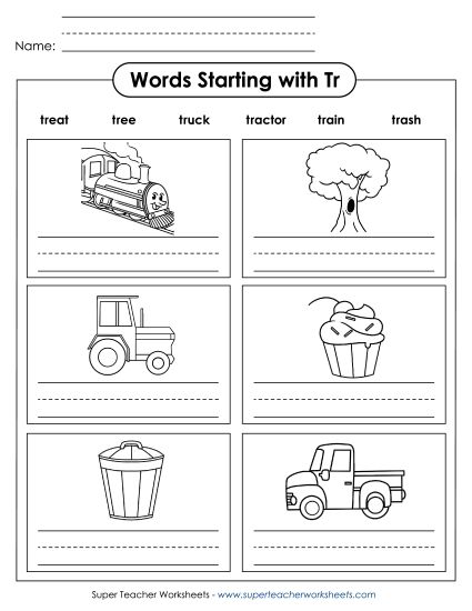 Worksheets - Writing Words that Start with TR (Printable PDF Worksheet)
