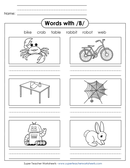 Worksheets - Writing Words with B b (Printable PDF Worksheet)