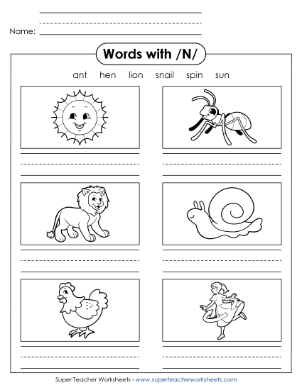 Worksheets - Writing Words with N n (Printable PDF Worksheet)