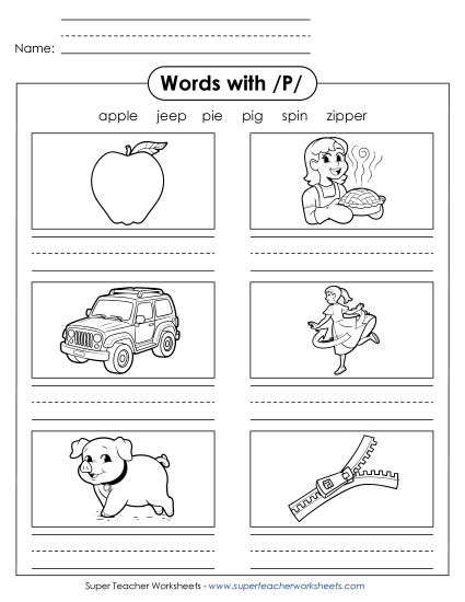 Worksheets - Writing Words with P p (Printable PDF Worksheet)