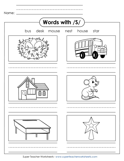 Worksheets - Writing Words with S s (Printable PDF Worksheet)