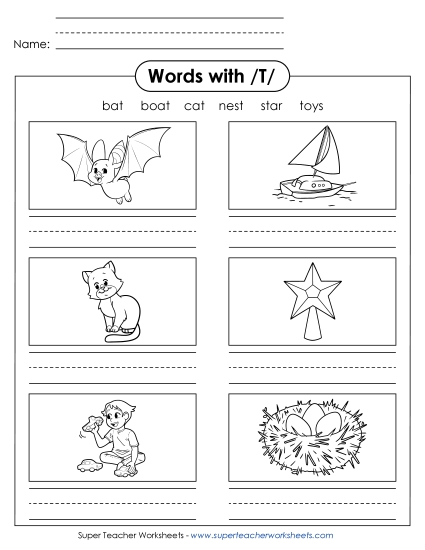 Worksheets - Writing Words with T t (Printable PDF Worksheet)