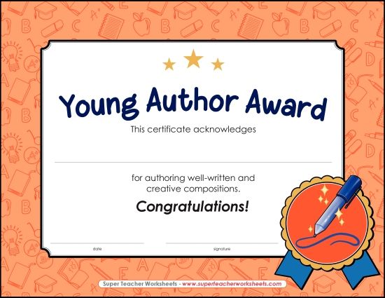 Reading & Writing Awards - Writing - Young Author Award (Printable PDF Worksheet)