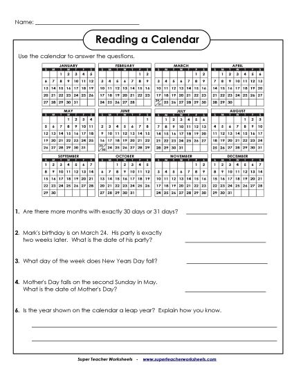 Calendars (Intermediate) - Yearly Calendar (Intermediate) (Printable PDF Worksheet)