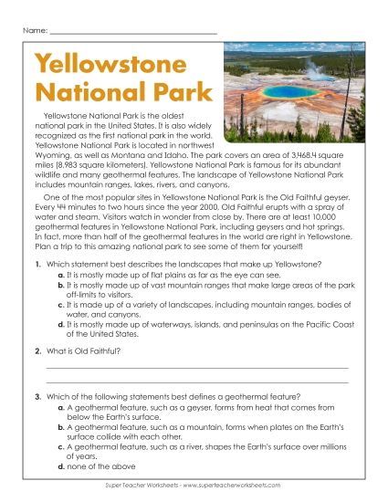 Reading Comprehension - Yellowstone National Park (Short Passage) (Printable PDF Worksheet)