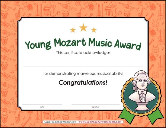 Music Awards - Young Mozart Certificate (Printable PDF Worksheet)