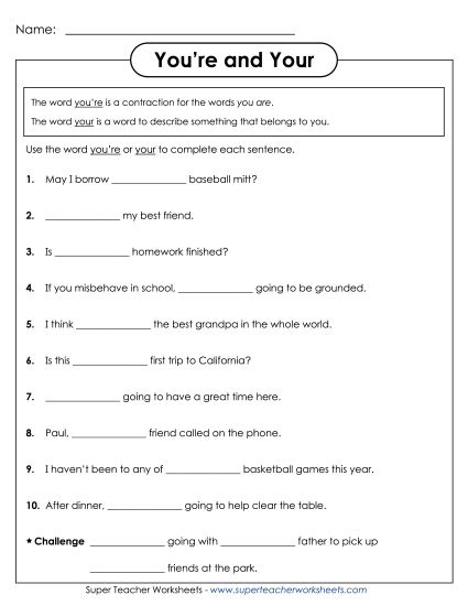 Your and You're (Homophones) (Printable PDF Worksheet)