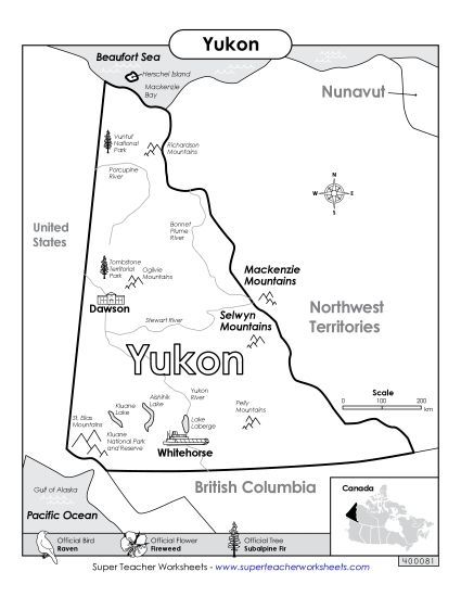 Maps - Yukon Map (Black & White) (Printable PDF Worksheet)