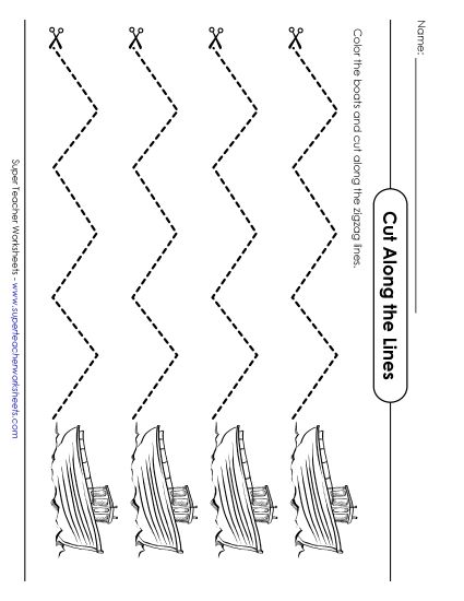 Cut Along the Lines - Zigzag Lines (Boats) (Printable PDF Worksheet)