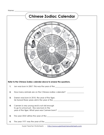 Chinese Zodiac - Zodiac Wheel Questions (Printable PDF Worksheet)