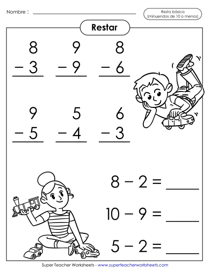 Operaciones básicas de resta: Juguetes (Minuendos de 10 o menos) Gratis Worksheet