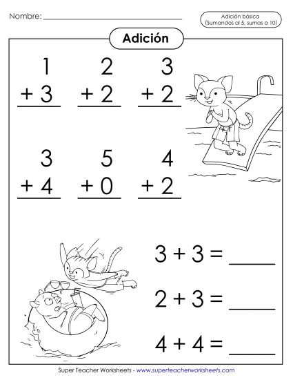 Operaciones básicas de suma: Gato nadador (Sumandos hasta 5; Sumas hasta 10) Gratis Worksheet