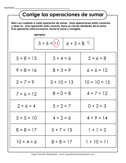 Corrige la Suma Gratis Worksheet