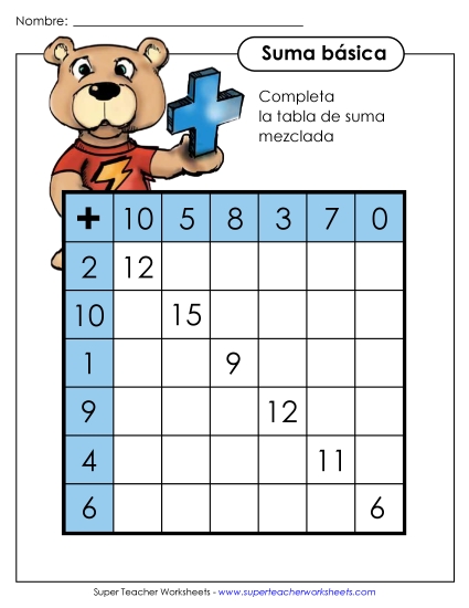 Tabla de Sumas Mezcladas Gratis Worksheet