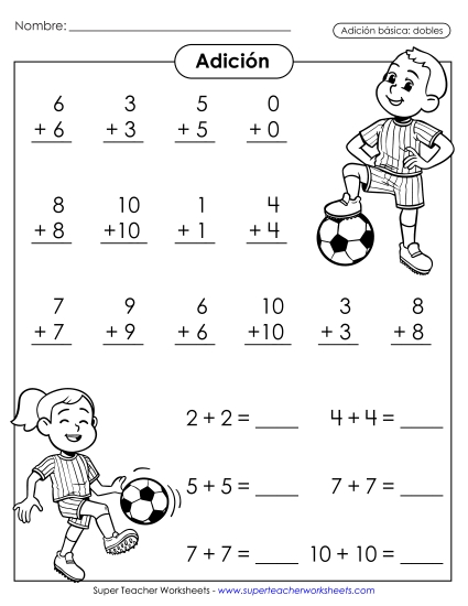 Hoja de Ejercicios de Dobles: Fútbol Gratis Suma Worksheet