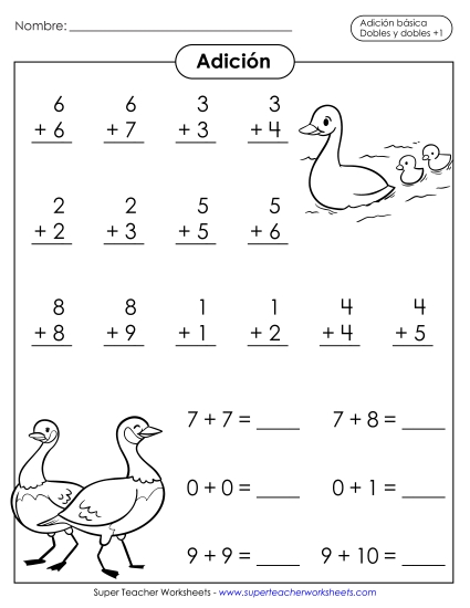 Hoja de Ejercicios de Práctica de Dobles y Dobles + 1 Gratis Suma Worksheet